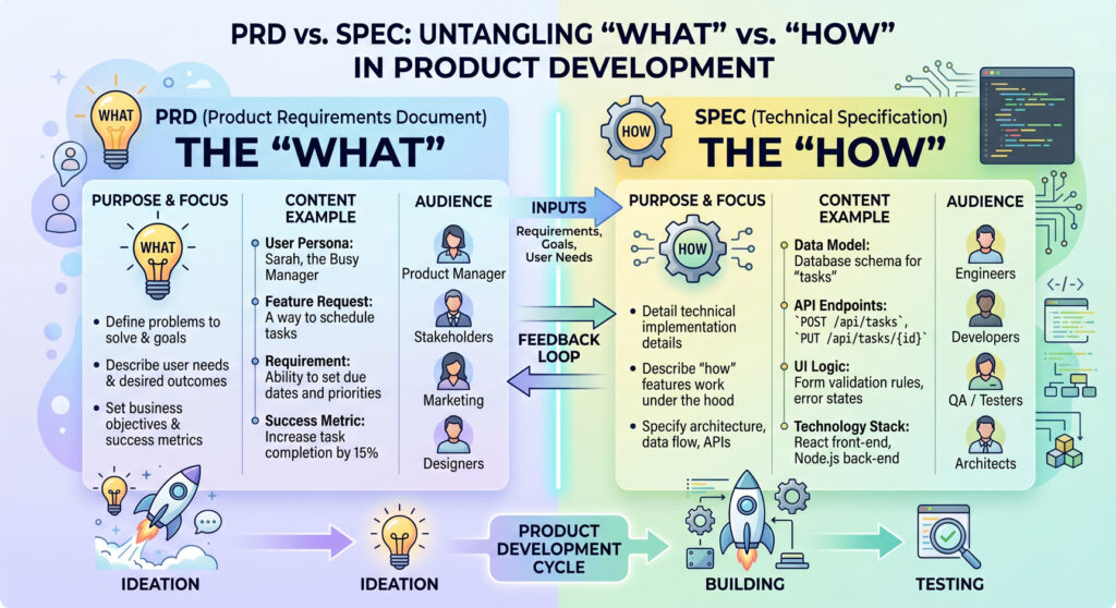 spec vs PRD diagram showing what vs how in product development